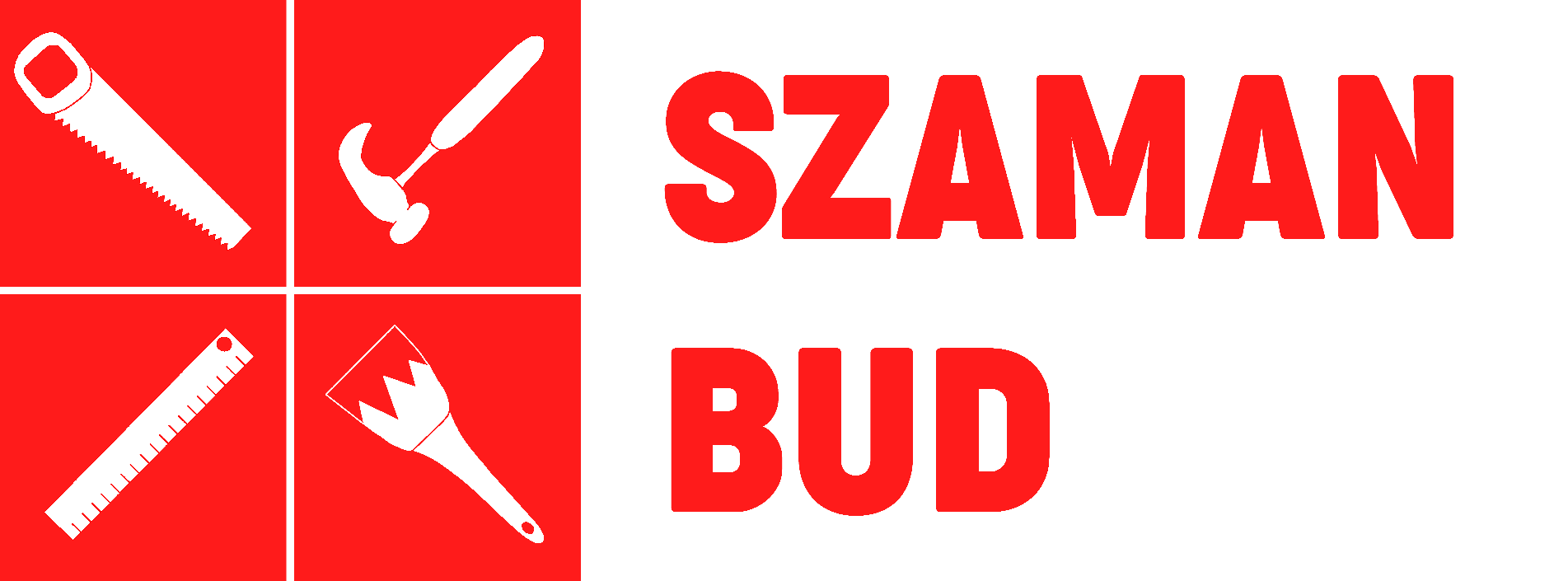 Logo firmy Szaman Bud z narzędziami budowlanymi.